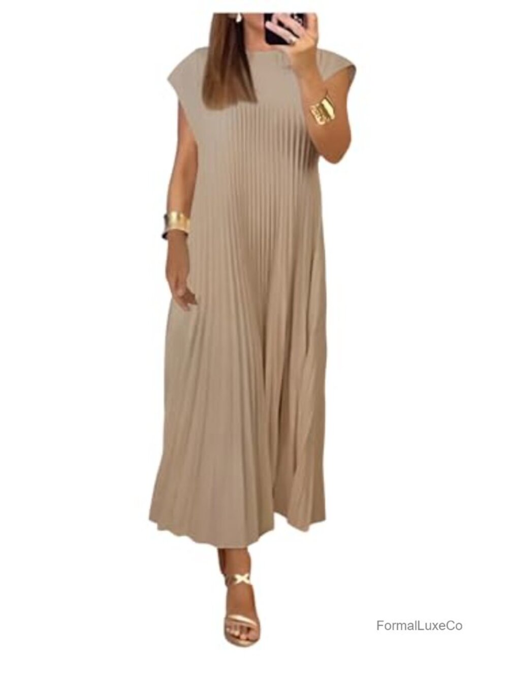 Pleated Midi Swing Dress Cap Sleeve Crew Neck Lightweight Polyester Casual